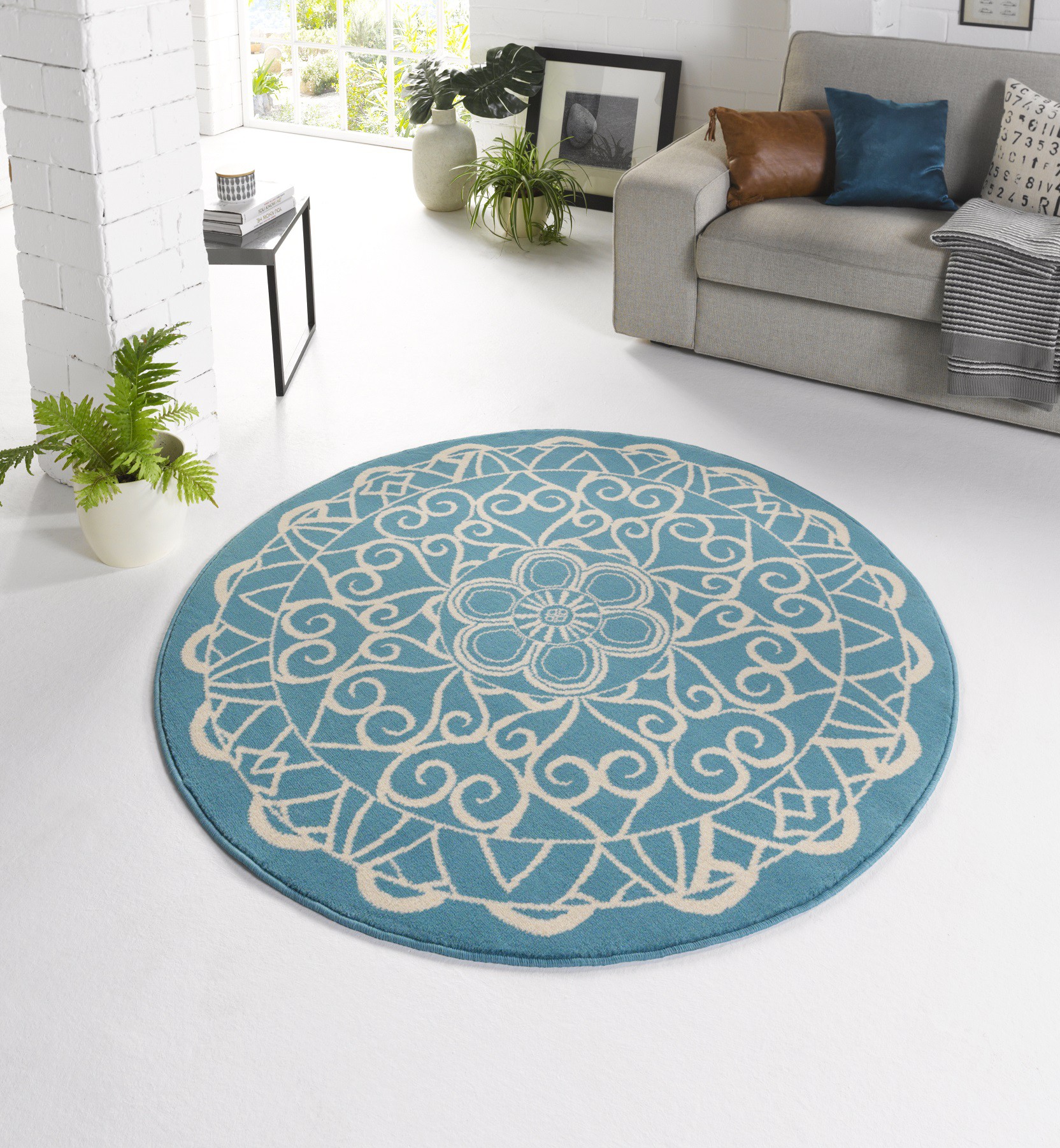 Design Velours Teppich orientalisch CM14 Blau Türkis rund Design Velours Teppich orientalisch CM14 Blau Türkis rund