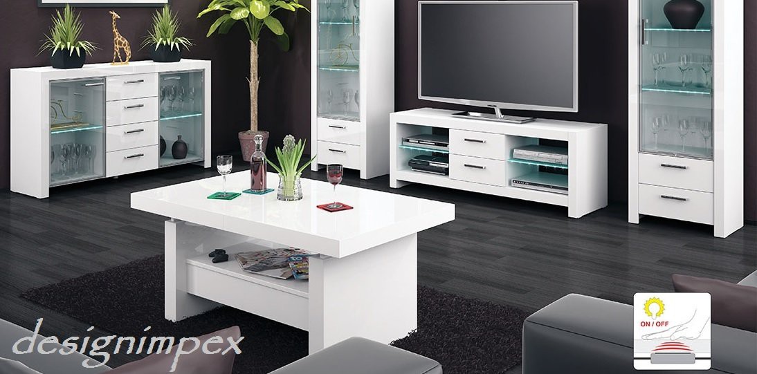 Design couchtisch h 111 weià hochglanz schublade höhenverstellbar ...